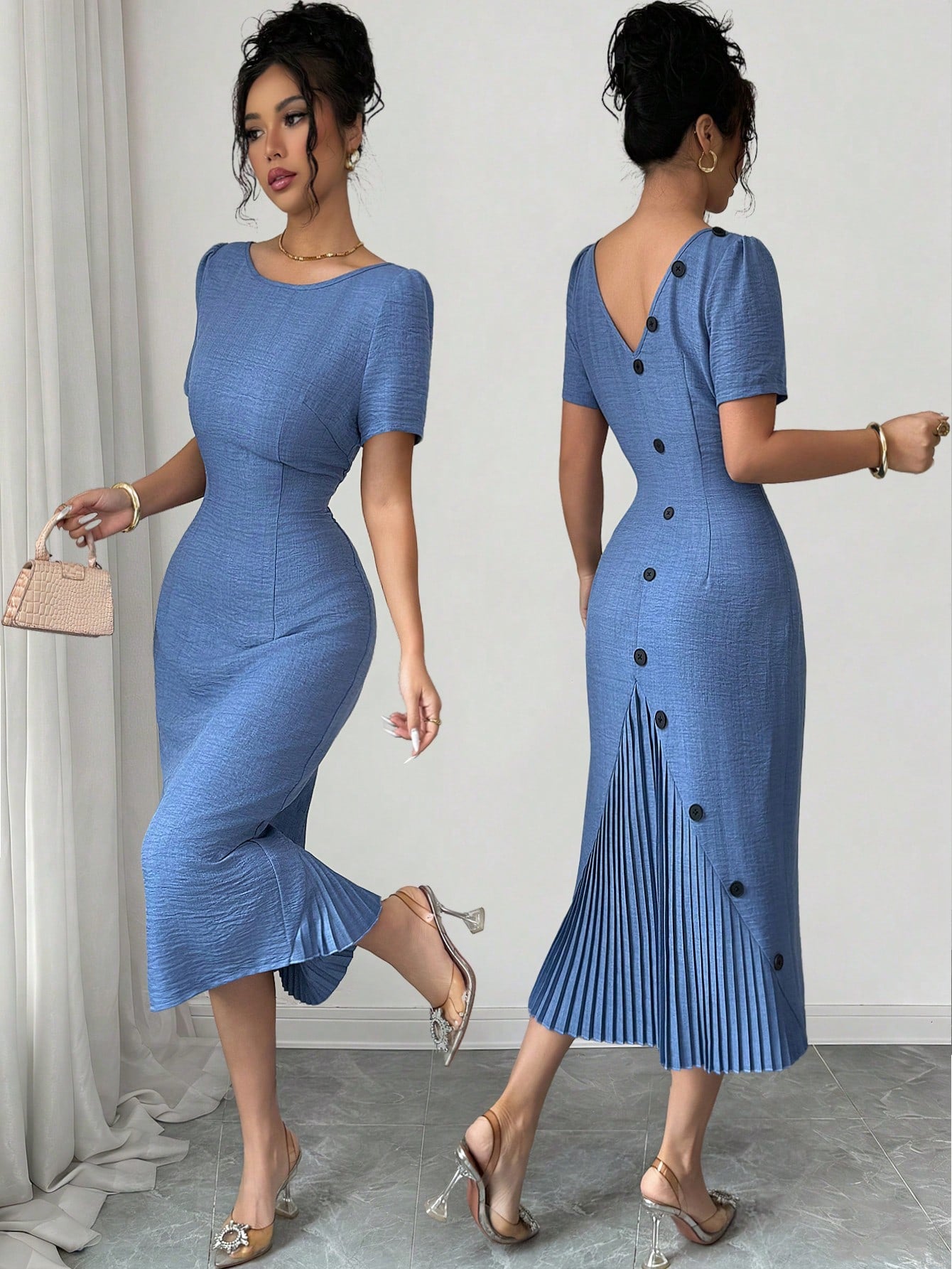 Elenzya Women's Solid Color Back Button Design Short Sleeve Fitted Pleated Hem Elegant Dress