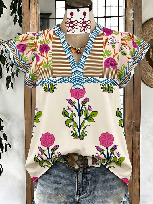 Elouméa Pastoral Style Large Floral Contrast Color Short Sleeve Top, Geometric Trim V-Neck Loose Flattering Woven Blouse