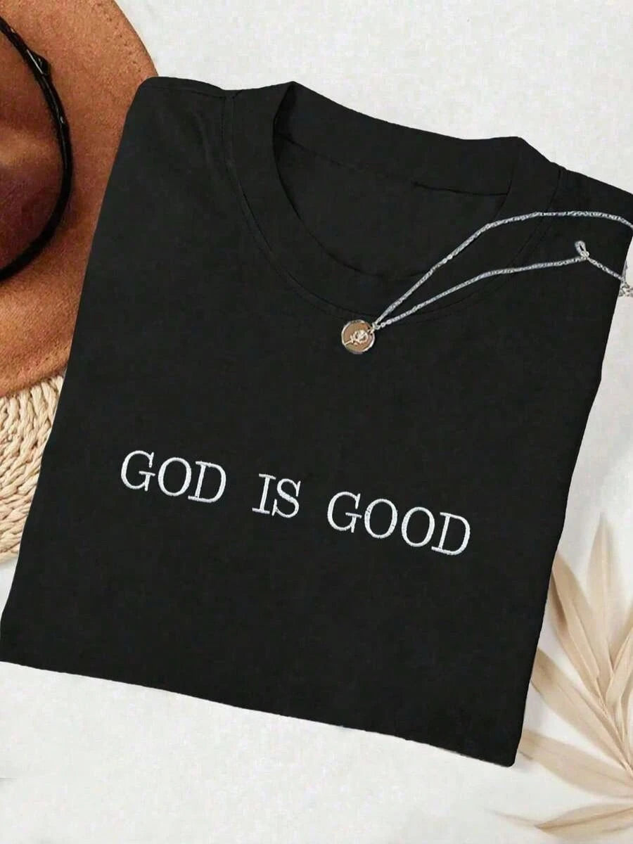 Embroidered Minimalist Shirt "God Is Good" Christian Faith Comfortable Color Shirt Gift, Faith Shirt, Faith T-Shirt, Church Group Shirt, Women's Round Neck Embroidered T-Shirt