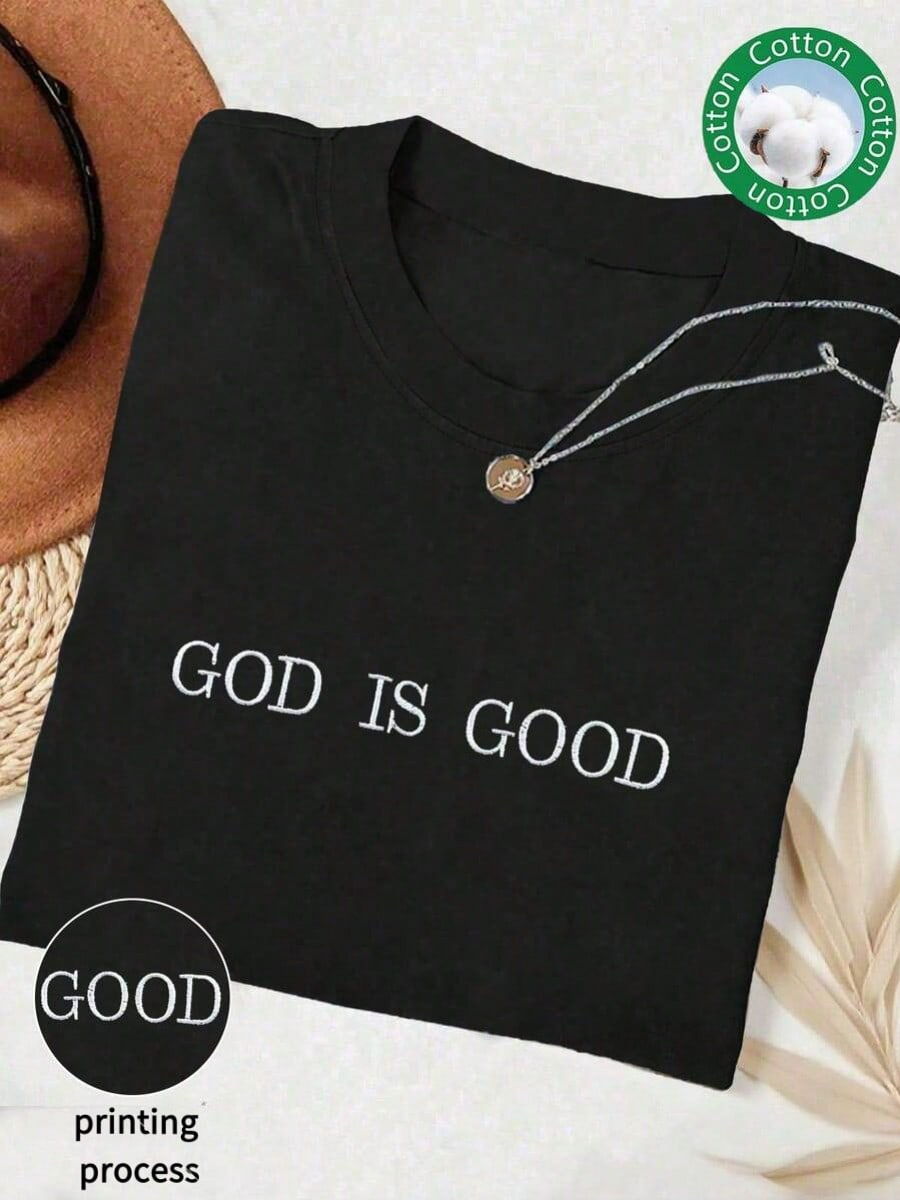 Embroidered Minimalist Shirt "God Is Good" Christian Faith Comfortable Color Shirt Gift, Faith Shirt, Faith T-Shirt, Church Group Shirt, Women's Round Neck Embroidered T-Shirt