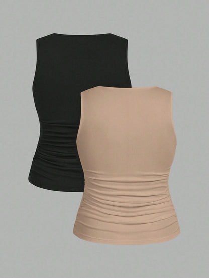 EMERY ROSE 2pcs Casual Solid Color Versatile Fitted Tank Top/Top, Suitable For Plus Size Women In Summer & Autumn