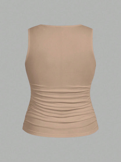 EMERY ROSE 2pcs Casual Solid Color Versatile Fitted Tank Top/Top, Suitable For Plus Size Women In Summer & Autumn