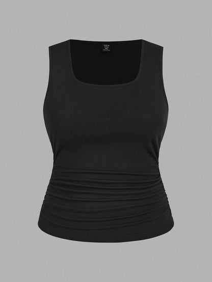 EMERY ROSE 2pcs Casual Solid Color Versatile Fitted Tank Top/Top, Suitable For Plus Size Women In Summer & Autumn