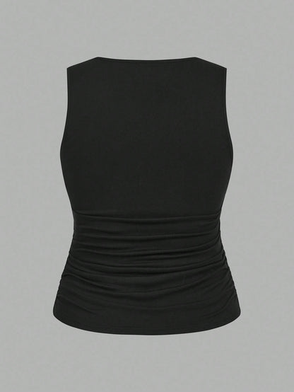 EMERY ROSE 2pcs Casual Solid Color Versatile Fitted Tank Top/Top, Suitable For Plus Size Women In Summer & Autumn