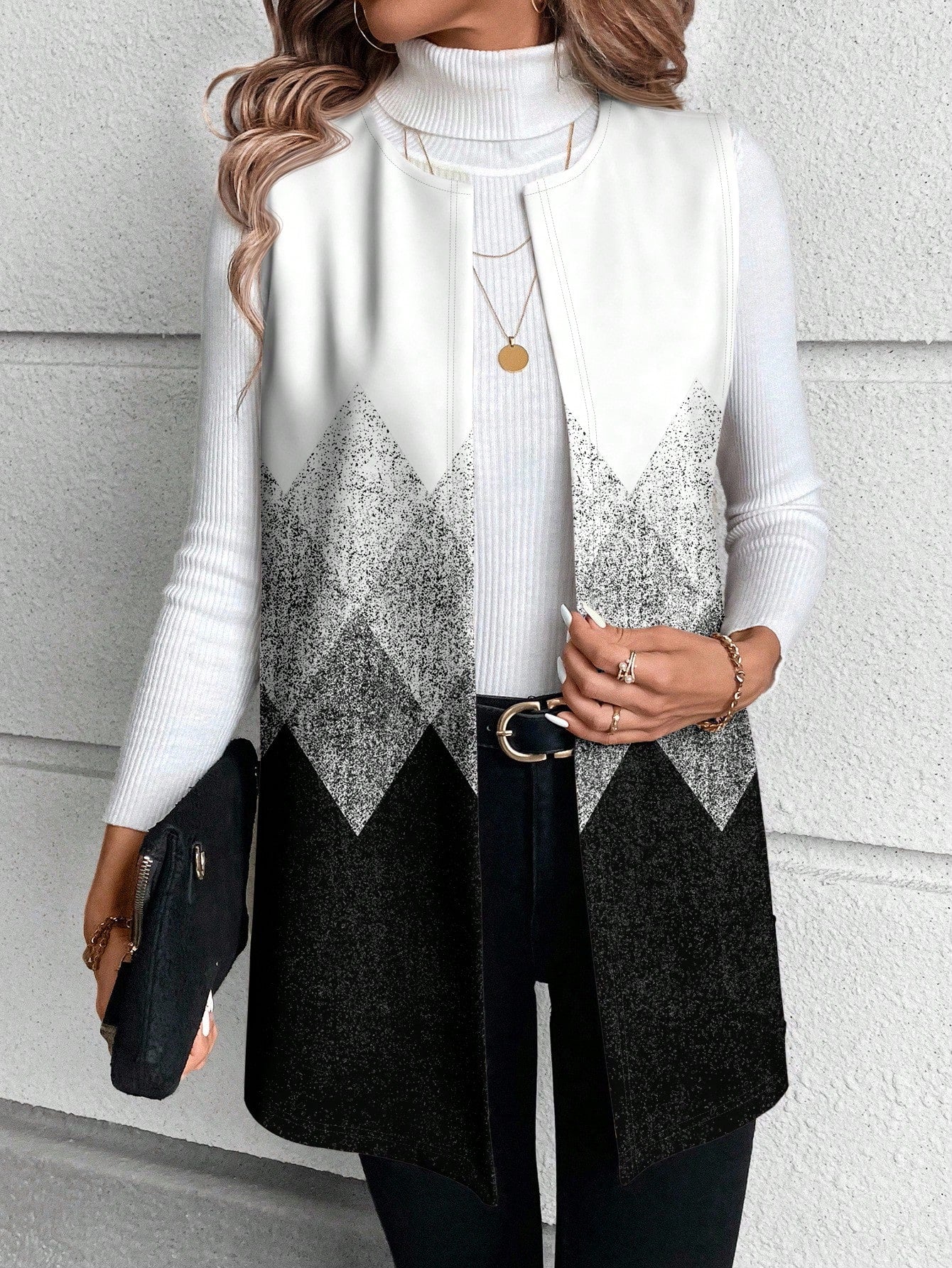 EMERY ROSE Autumn Casual Black & White Ombre Rhombus Geometric Print Plus Size Women Jacket, Women's Vest Coat, & New Year, Office, Outerwear Spring Fall