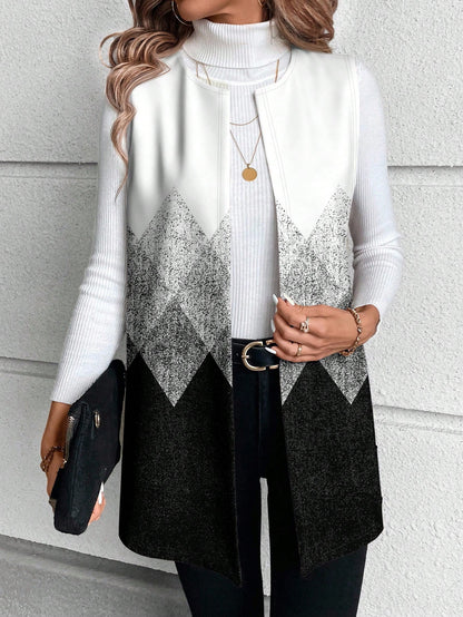 EMERY ROSE Autumn Casual Black & White Ombre Rhombus Geometric Print Plus Size Women Jacket, Women's Vest Coat, & New Year, Office, Outerwear Spring Fall