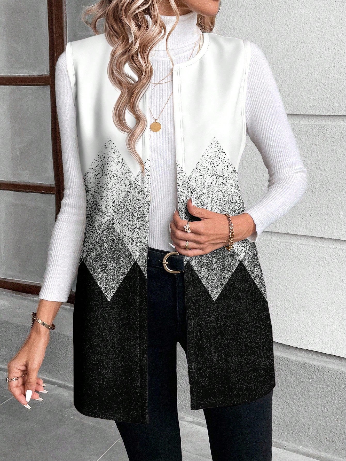 EMERY ROSE Autumn Casual Black & White Ombre Rhombus Geometric Print Plus Size Women Jacket, Women's Vest Coat, & New Year, Office, Outerwear Spring Fall
