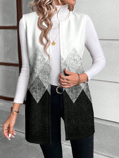 EMERY ROSE Autumn Casual Black & White Ombre Rhombus Geometric Print Plus Size Women Jacket, Women's Vest Coat, & New Year, Office, Outerwear Spring Fall