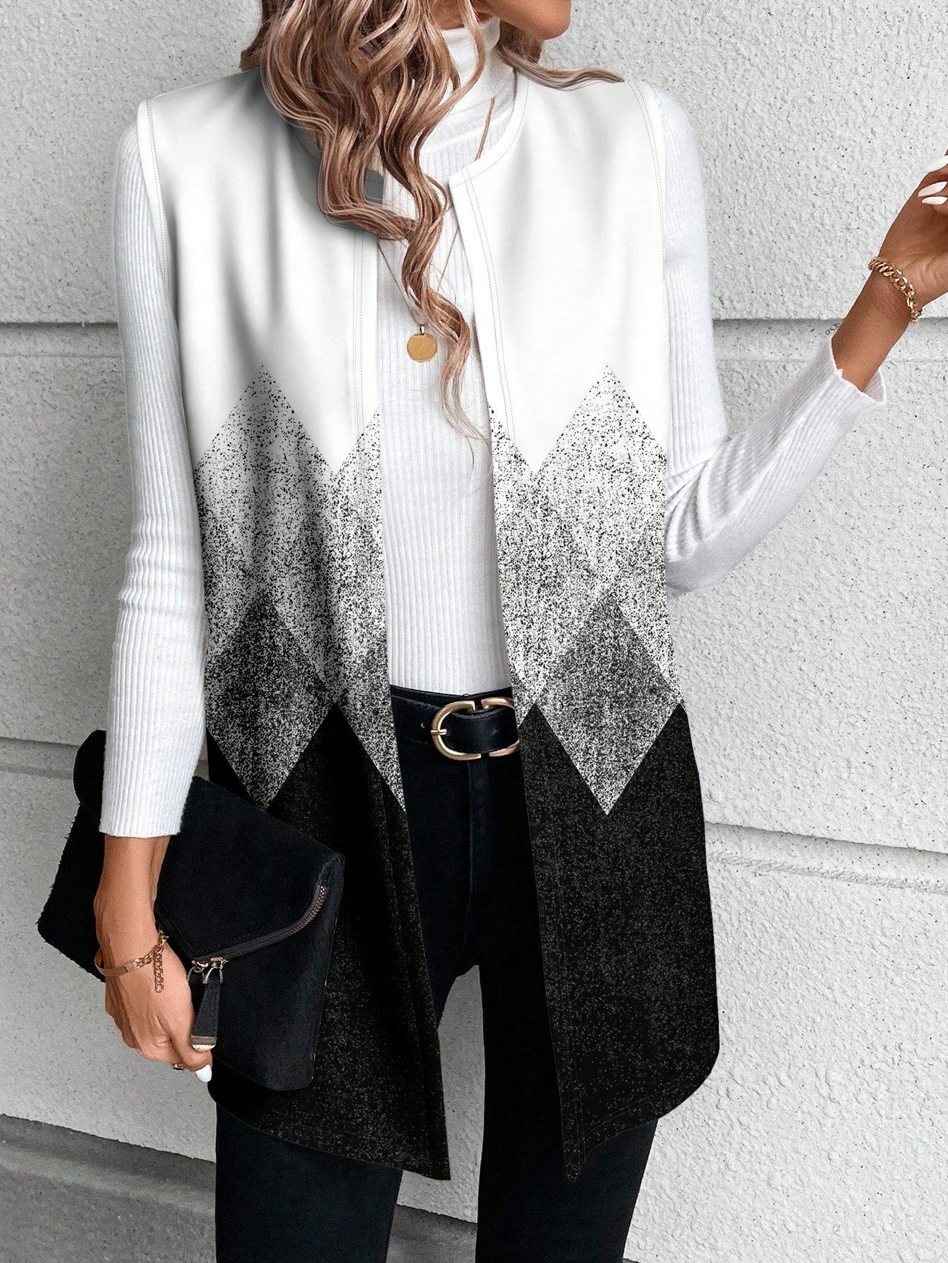 EMERY ROSE Autumn Casual Black & White Ombre Rhombus Geometric Print Plus Size Women Jacket, Women's Vest Coat, & New Year, Office, Outerwear Spring Fall
