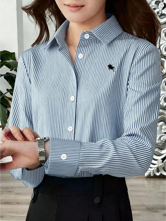 EMERY ROSE Casual Woven Fabric Long Sleeve Shirt Blouse With Cartoon Embroidery Detail For Women