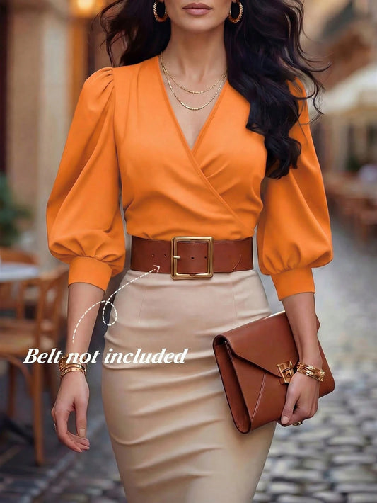EMERY ROSE Elegant Women's Orange Colorblock V Neck Wrap Blouse With Half Bishop Sleeves Woven Fabric Top