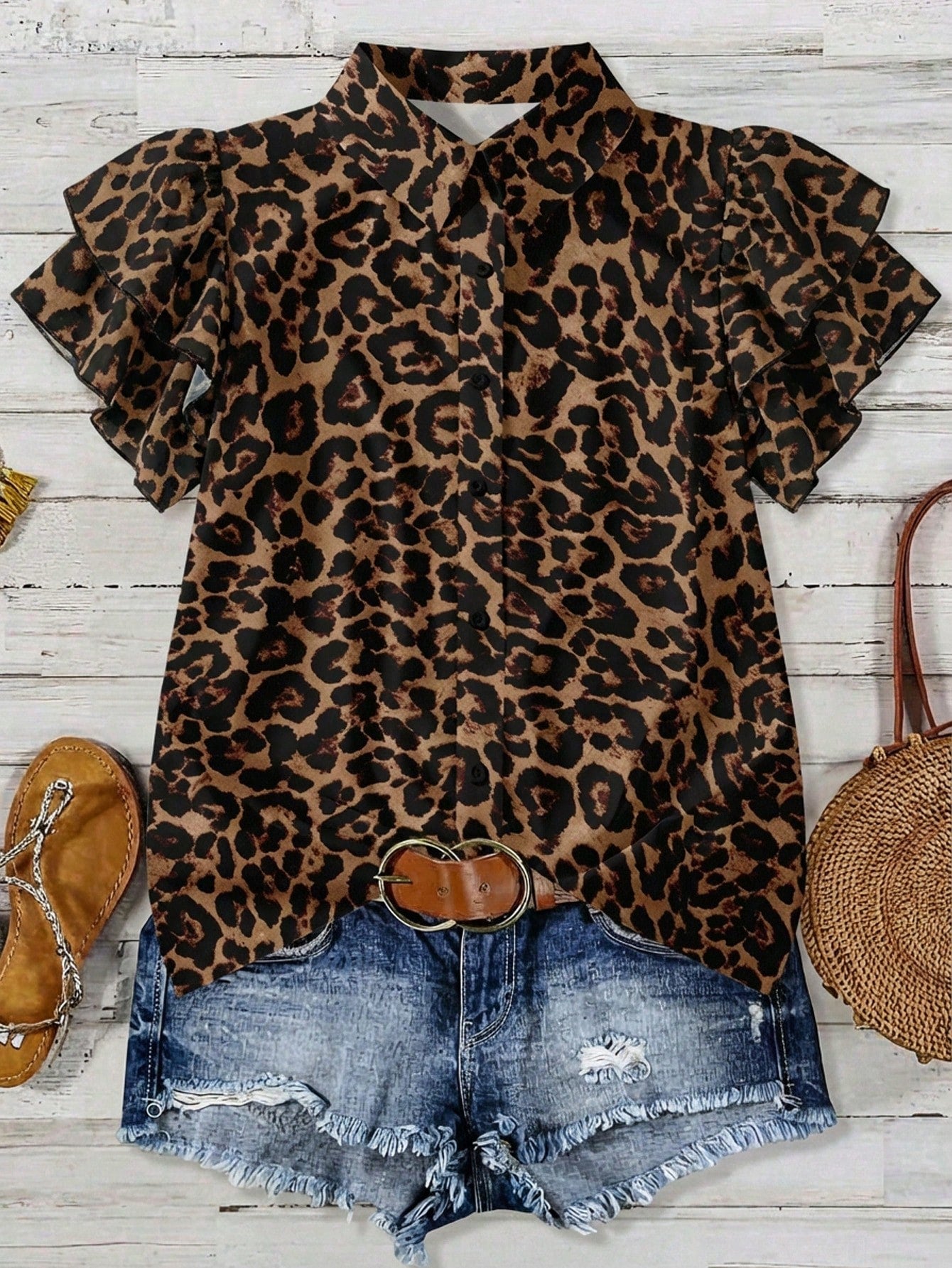 EMERY ROSE Mother's Day Vacation Style Plus Size Women's Loose Fit V-Neck Double Ruffle Cap Sleeve Leopard Print Shirt, Suitable For Summer