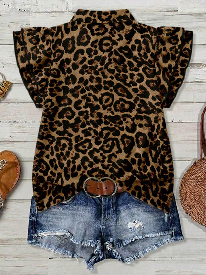 EMERY ROSE Mother's Day Vacation Style Plus Size Women's Loose Fit V-Neck Double Ruffle Cap Sleeve Leopard Print Shirt, Suitable For Summer