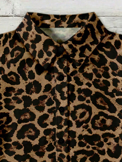 EMERY ROSE Mother's Day Vacation Style Plus Size Women's Loose Fit V-Neck Double Ruffle Cap Sleeve Leopard Print Shirt, Suitable For Summer