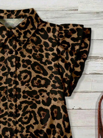 EMERY ROSE Mother's Day Vacation Style Plus Size Women's Loose Fit V-Neck Double Ruffle Cap Sleeve Leopard Print Shirt, Suitable For Summer