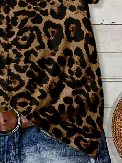 EMERY ROSE Mother's Day Vacation Style Plus Size Women's Loose Fit V-Neck Double Ruffle Cap Sleeve Leopard Print Shirt, Suitable For Summer