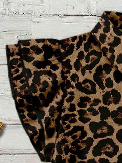 EMERY ROSE Mother's Day Vacation Style Plus Size Women's Loose Fit V-Neck Double Ruffle Cap Sleeve Leopard Print Shirt, Suitable For Summer