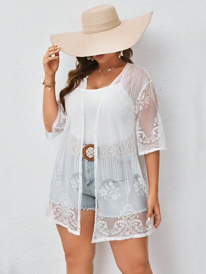 EMERY ROSE Plus Size Floral Lace Kimono Summer