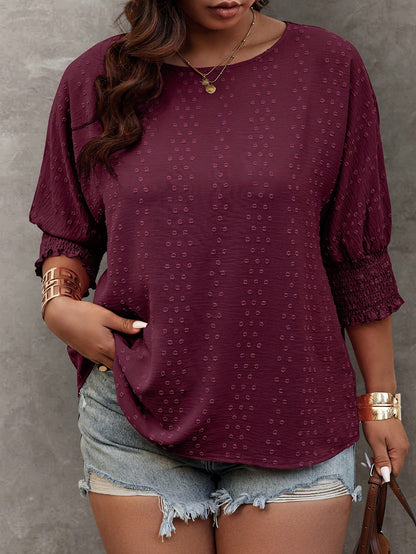 EMERY ROSE Plus Size Summer Casual Solid Color Jacquard Batwing Sleeve Shirt Fall