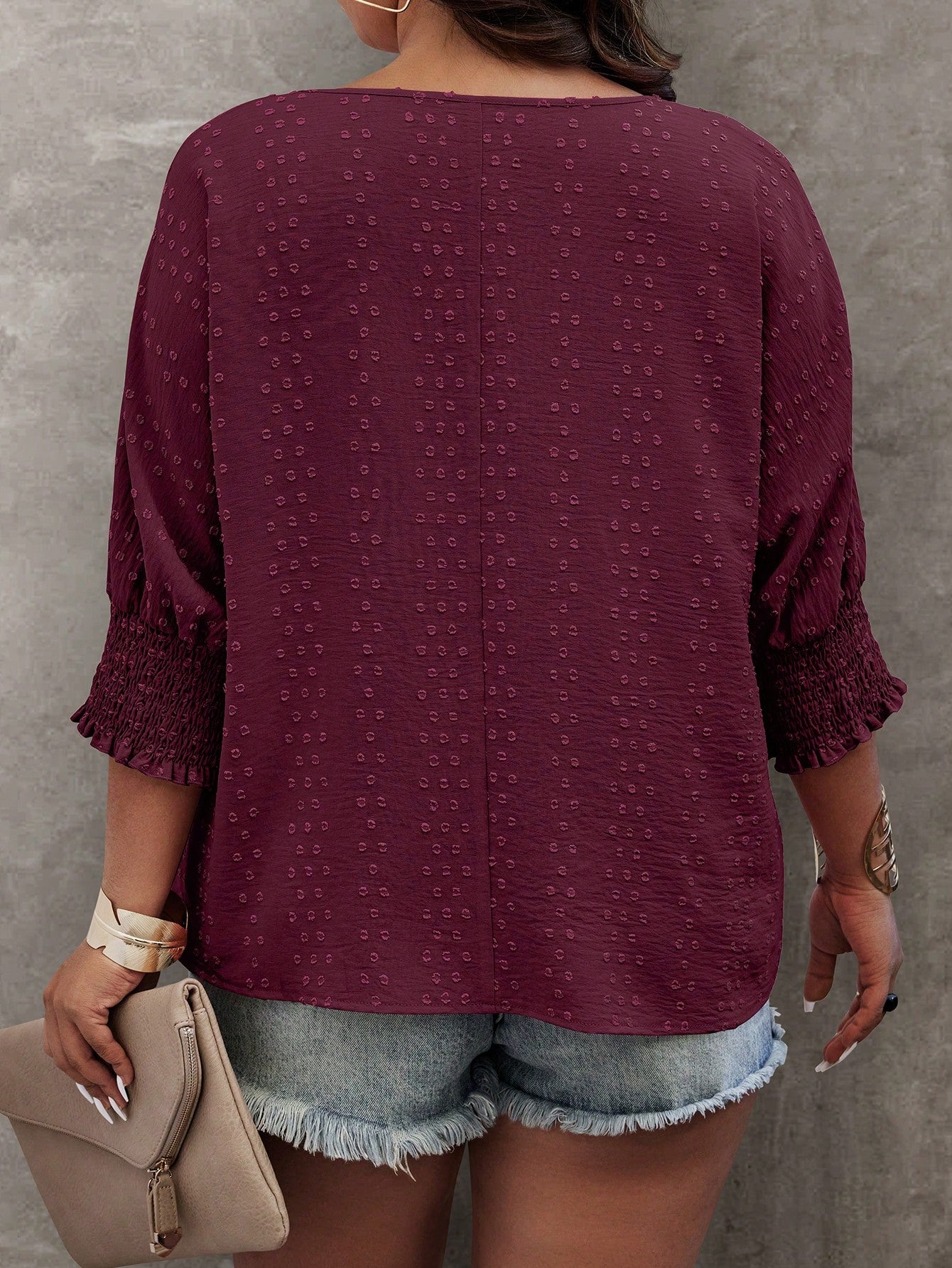 EMERY ROSE Plus Size Summer Casual Solid Color Jacquard Batwing Sleeve Shirt Fall