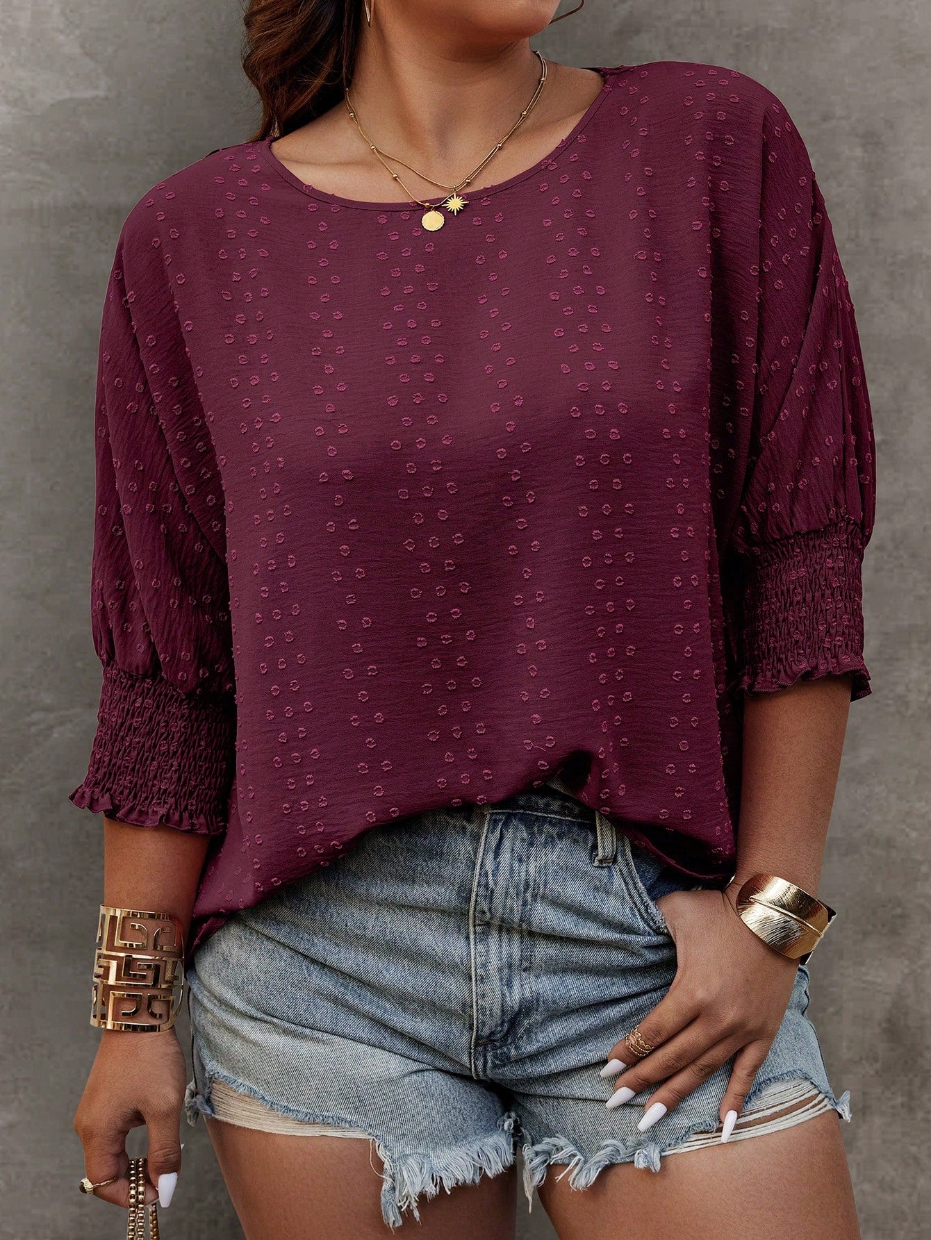 EMERY ROSE Plus Size Summer Casual Solid Color Jacquard Batwing Sleeve Shirt Fall
