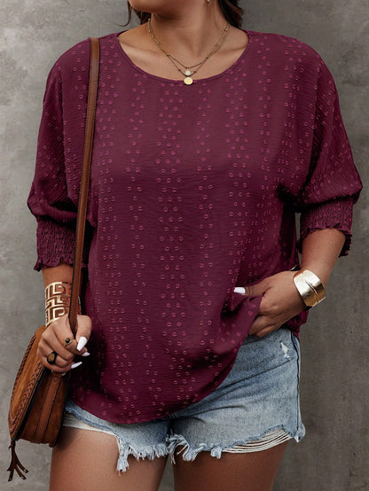 EMERY ROSE Plus Size Summer Casual Solid Color Jacquard Batwing Sleeve Shirt Fall