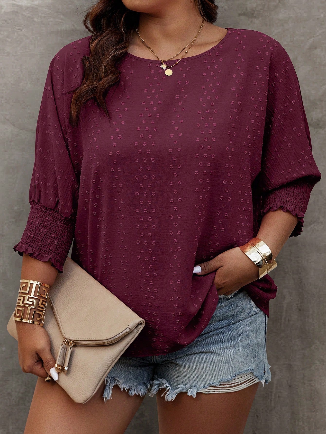 EMERY ROSE Plus Size Summer Casual Solid Color Jacquard Batwing Sleeve Shirt Fall