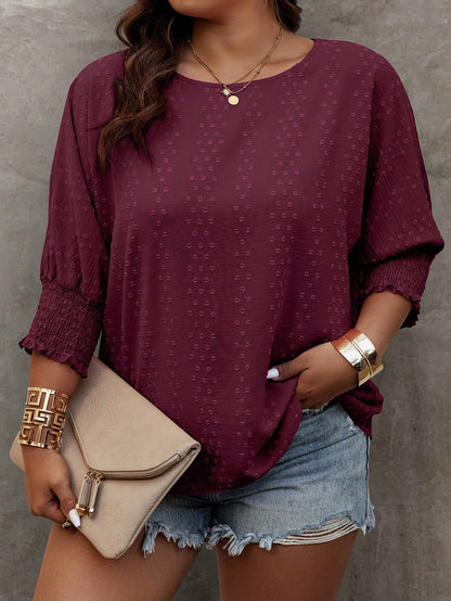 EMERY ROSE Plus Size Summer Casual Solid Color Jacquard Batwing Sleeve Shirt Fall