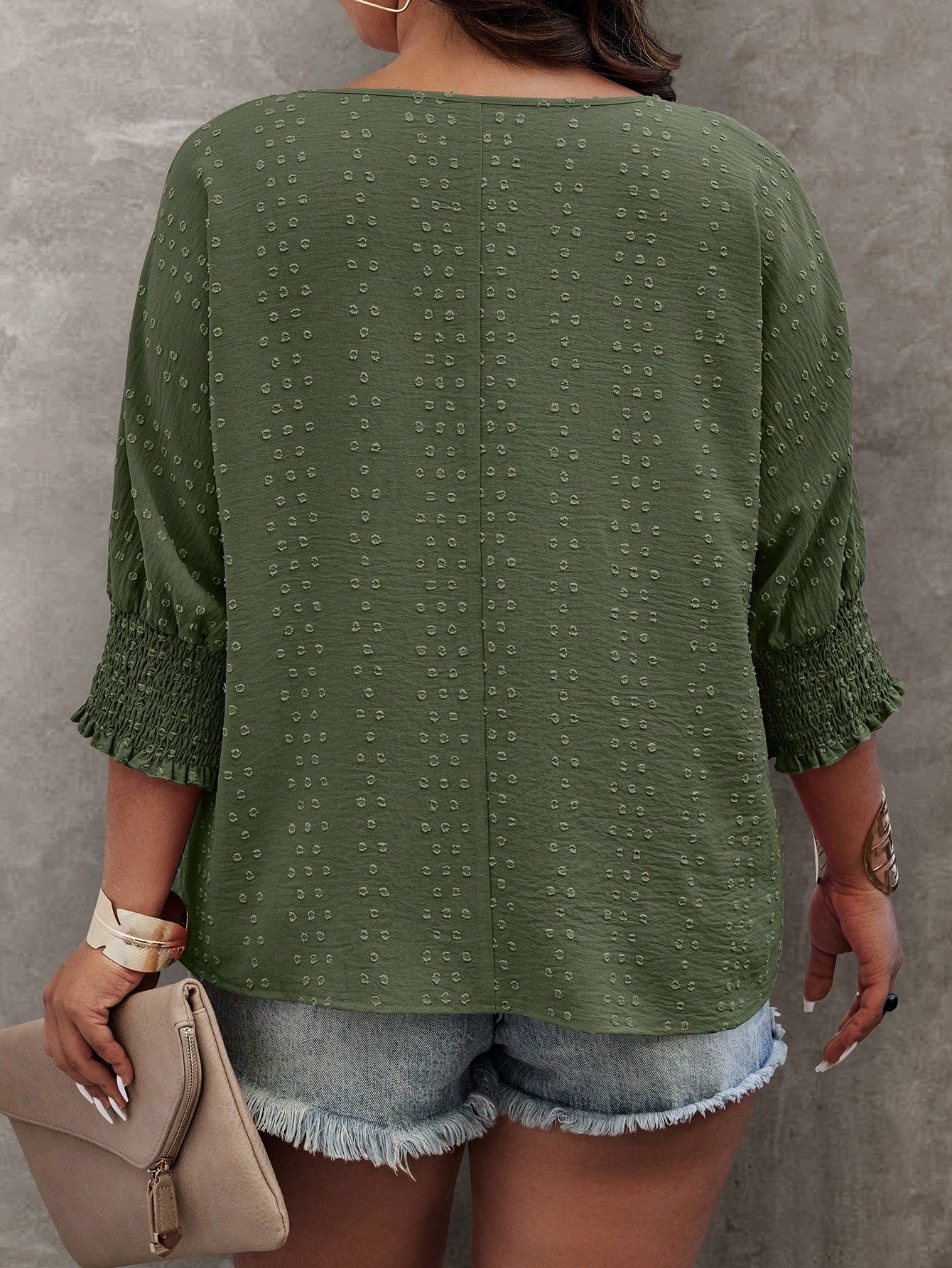 EMERY ROSE Plus Size Summer Casual Solid Color Jacquard Batwing Sleeve Shirt Fall