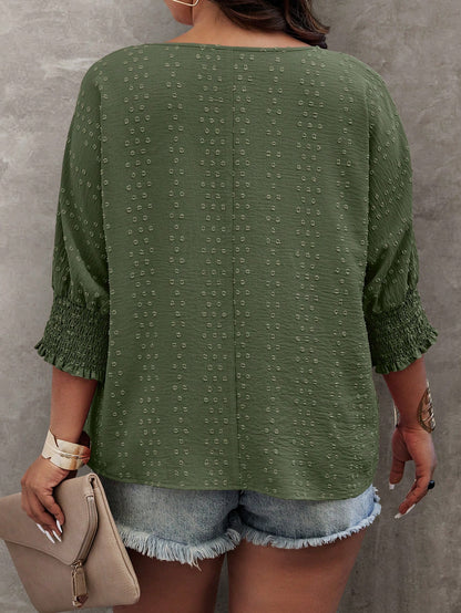 EMERY ROSE Plus Size Summer Casual Solid Color Jacquard Batwing Sleeve Shirt Fall