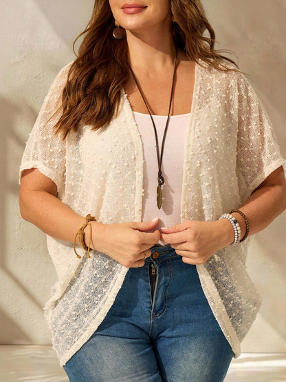 EMERY ROSE Plus Size White Elegant Casual Lace Kimono Cardigan For Women, Batwing Sleeve Asymmetric Hem Light Cover Up Top Holiday Bachelorette Party Wedding