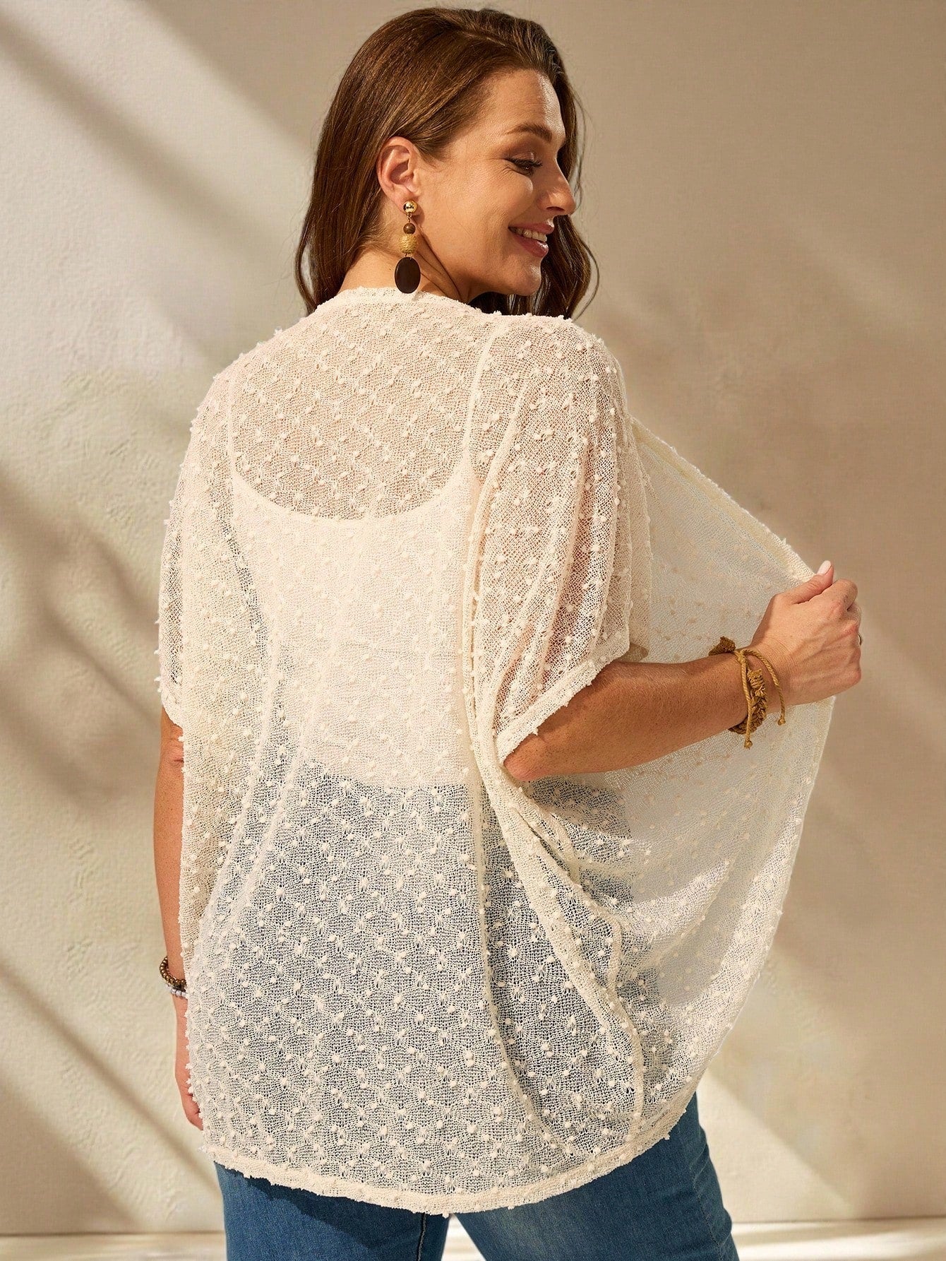 EMERY ROSE Plus Size White Elegant Casual Lace Kimono Cardigan For Women, Batwing Sleeve Asymmetric Hem Light Cover Up Top Holiday Bachelorette Party Wedding