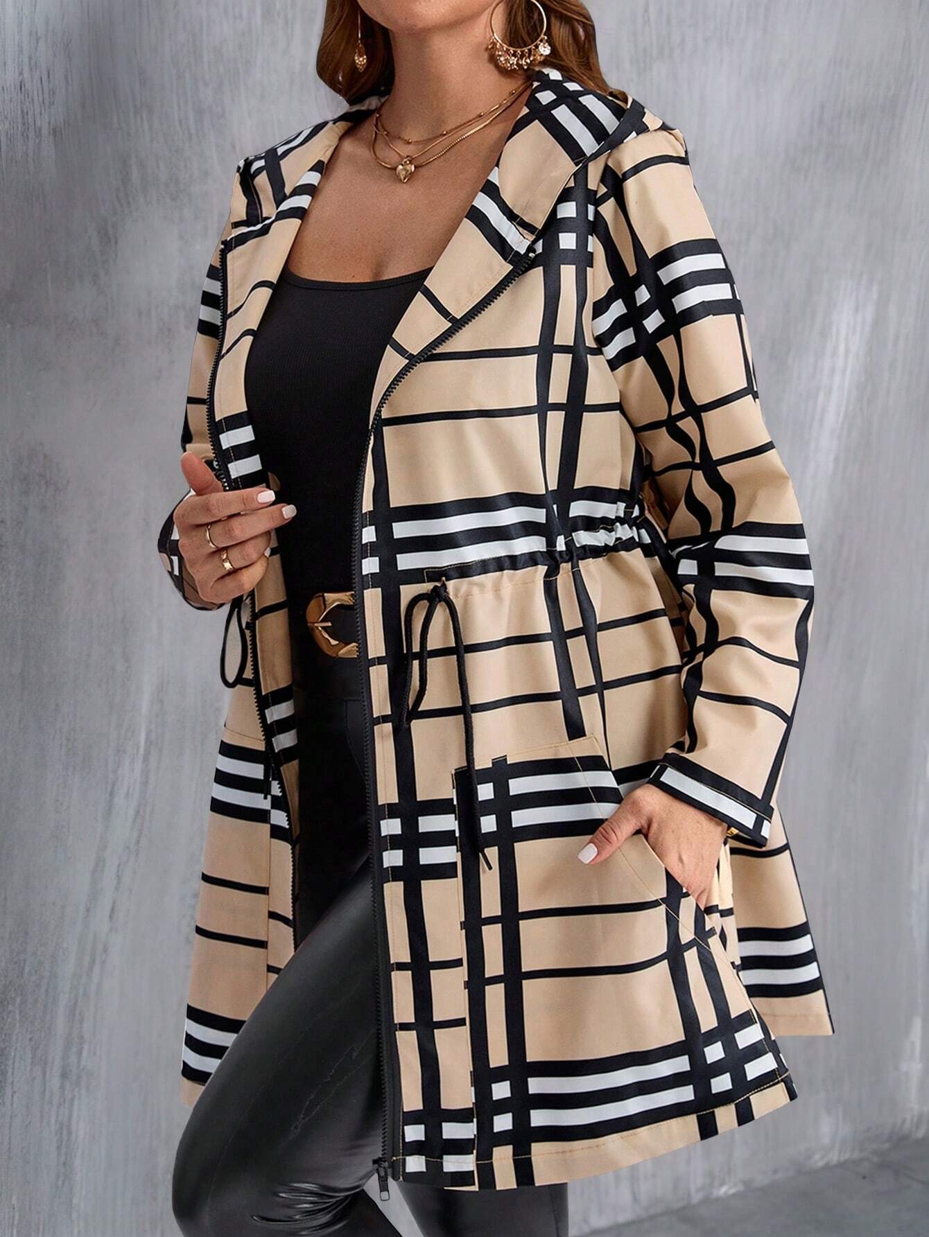 EMERY ROSE Plus Size Women Plaid Drawstring Waist Zip Up Casual Hooded Jacket, Coat Women Fall Autumn,Spring