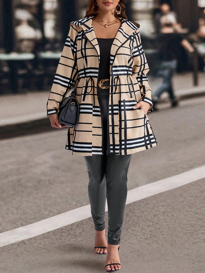 EMERY ROSE Plus Size Women Plaid Drawstring Waist Zip Up Casual Hooded Jacket, Coat Women Fall Autumn,Spring