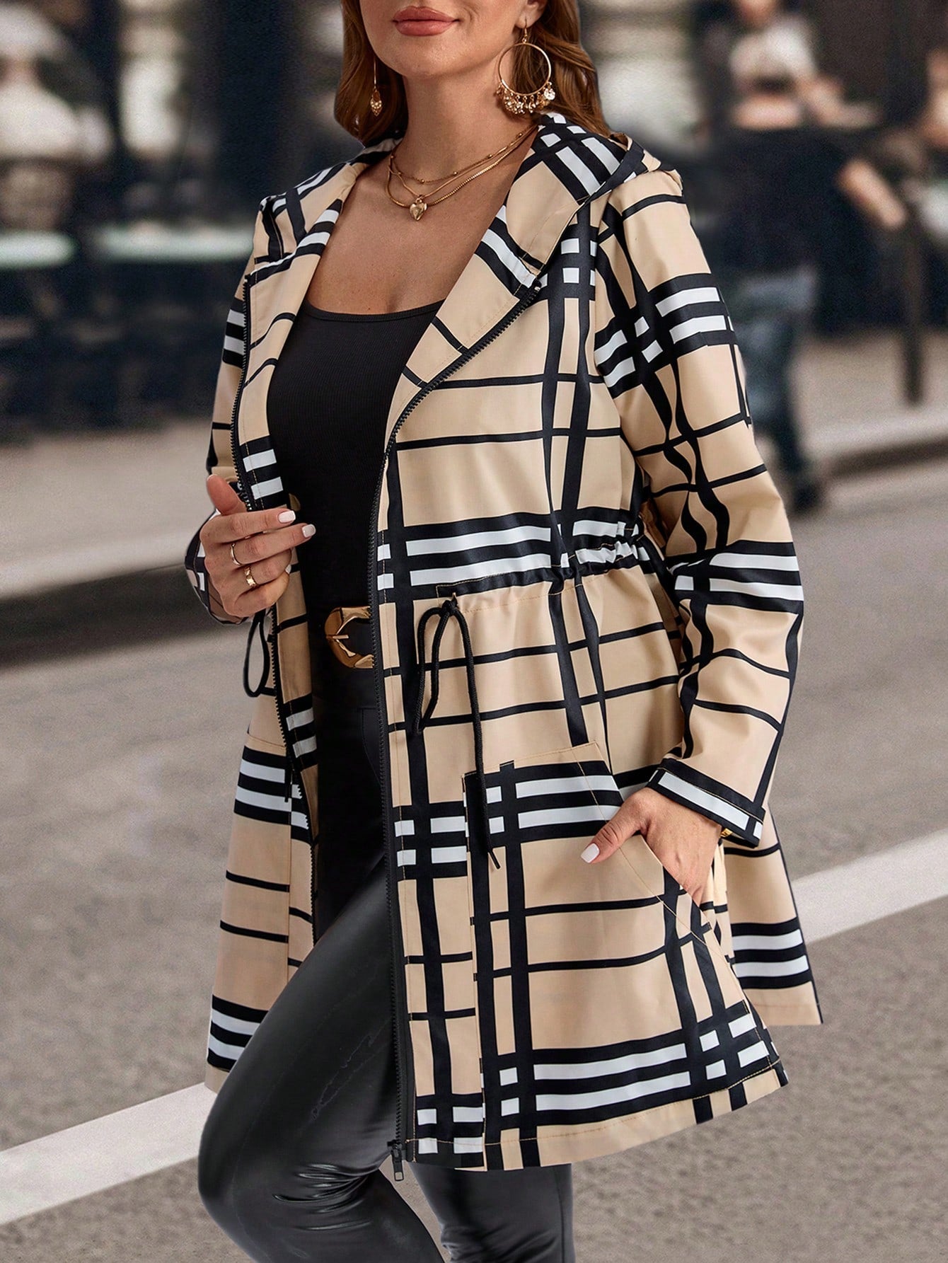 EMERY ROSE Plus Size Women Plaid Drawstring Waist Zip Up Casual Hooded Jacket, Coat Women Fall Autumn,Spring