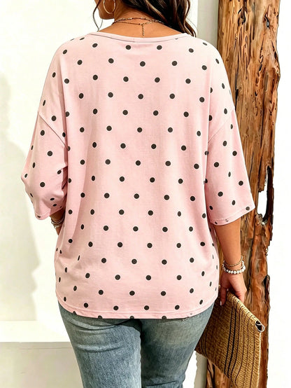 EMERY ROSE Plus Size Women's Casual Minimalist Polka Dot Print Drop Shoulder T-Shirt, Suitable For Summer Wear