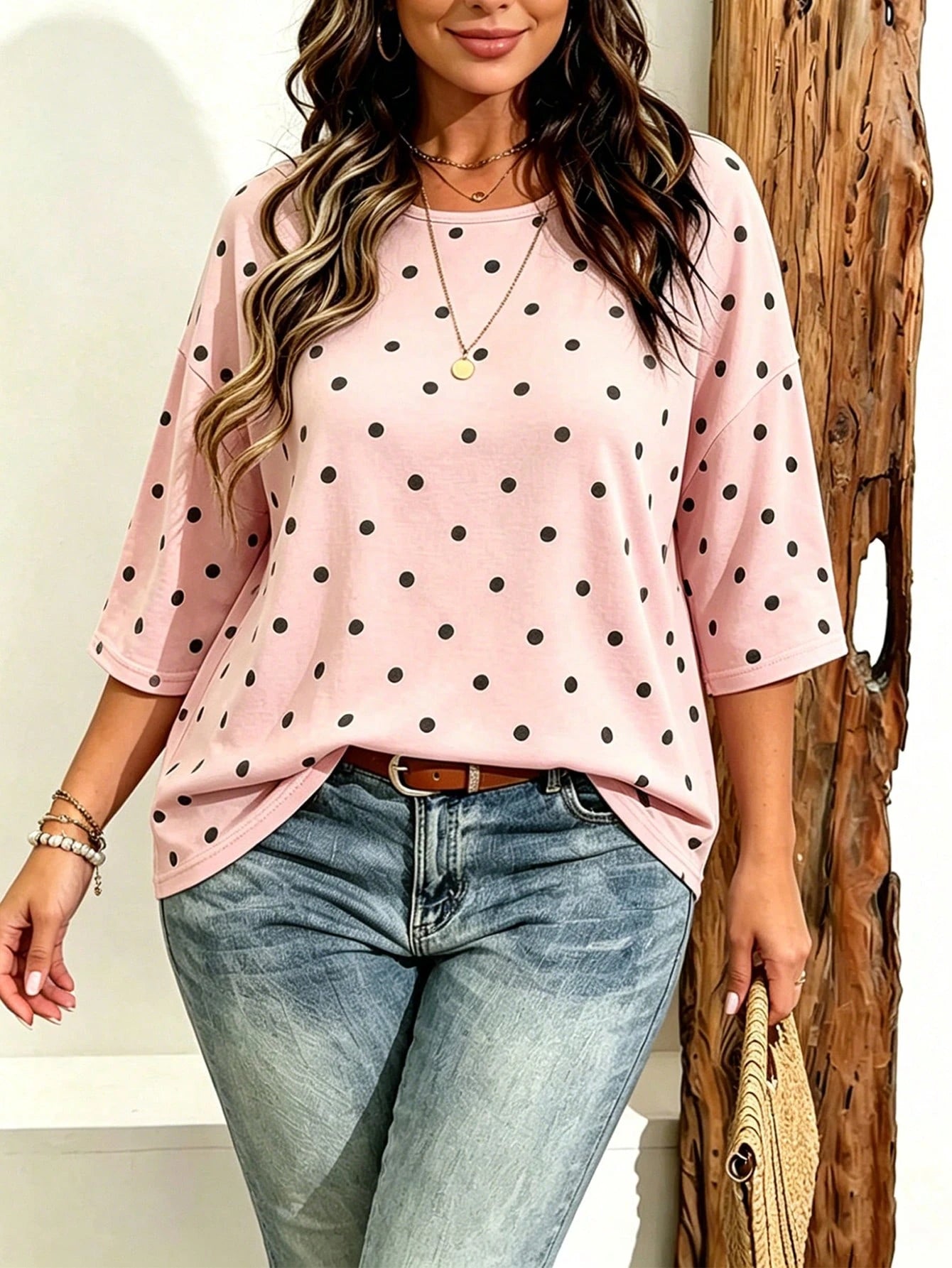 EMERY ROSE Plus Size Women's Casual Minimalist Polka Dot Print Drop Shoulder T-Shirt, Suitable For Summer Wear