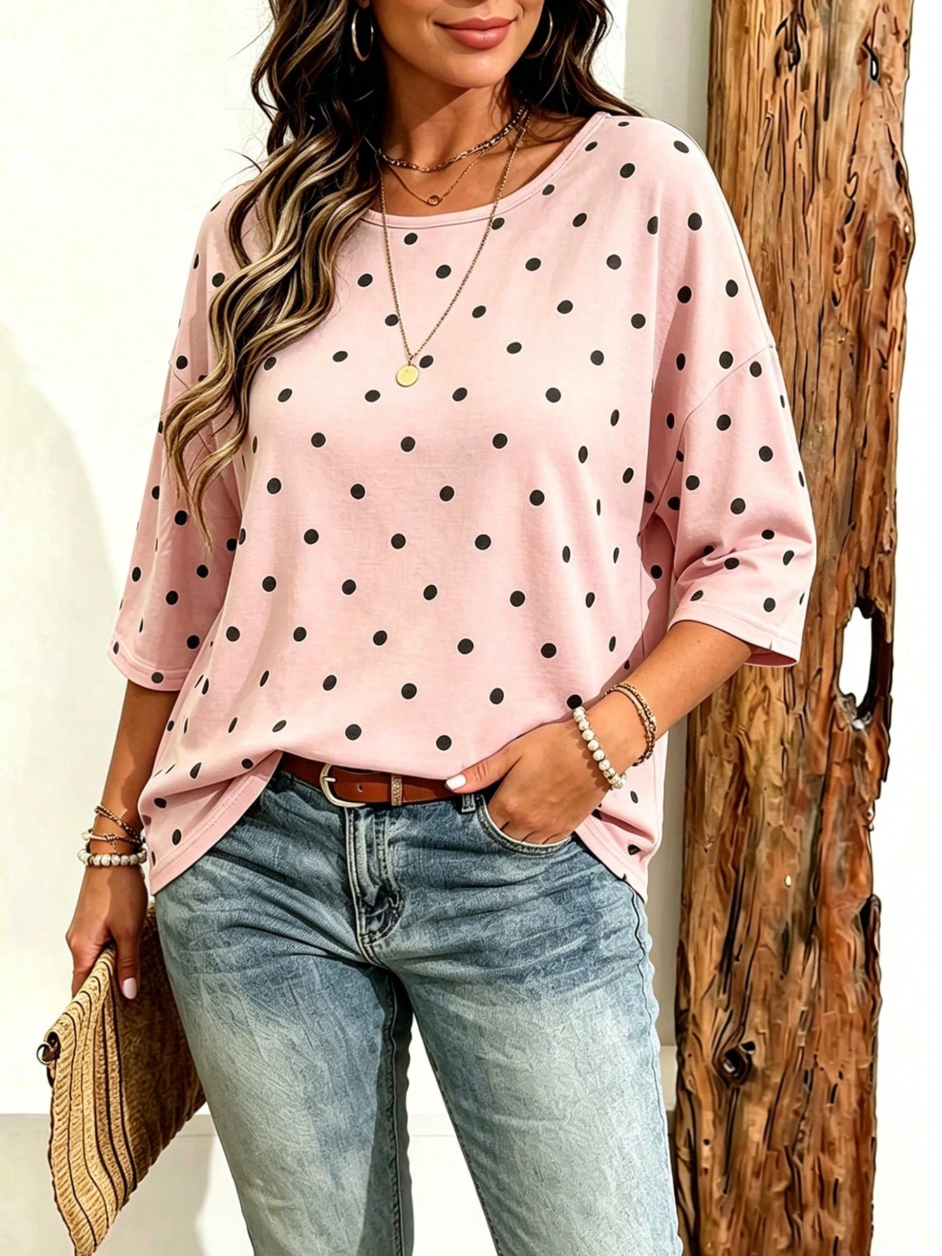 EMERY ROSE Plus Size Women's Casual Minimalist Polka Dot Print Drop Shoulder T-Shirt, Suitable For Summer Wear