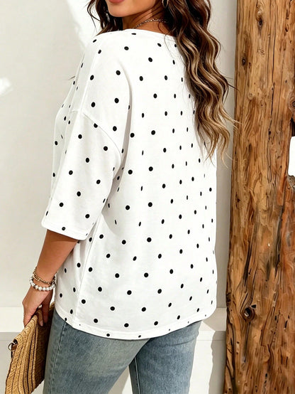 EMERY ROSE Plus Size Women's Casual Minimalist Polka Dot Print Drop Shoulder T-Shirt, Suitable For Summer Wear