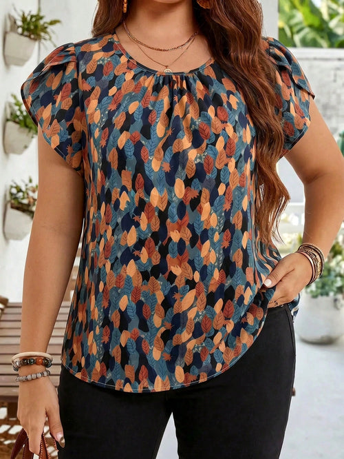 EMERY ROSE Plus Size Women's Early Spring Brown Petal Sleeve Tunic Blouse For Mother's Day Vacation Summer Tops Spring Clothing Beach Gym Outfits Boho