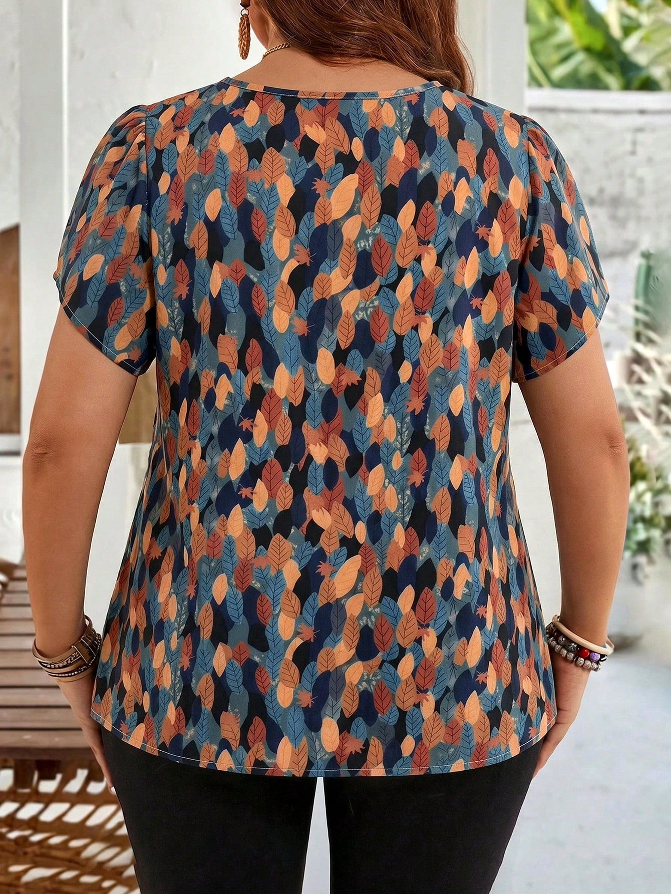 EMERY ROSE Plus Size Women's Early Spring Brown Petal Sleeve Tunic Blouse For Mother's Day Vacation Summer Tops Spring Clothing Beach Gym Outfits Boho