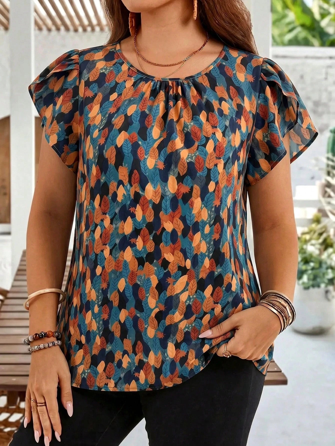 EMERY ROSE Plus Size Women's Early Spring Brown Petal Sleeve Tunic Blouse For Mother's Day Vacation Summer Tops Spring Clothing Beach Gym Outfits Boho