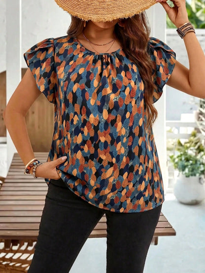 EMERY ROSE Plus Size Women's Early Spring Brown Petal Sleeve Tunic Blouse For Mother's Day Vacation Summer Tops Spring Clothing Beach Gym Outfits Boho