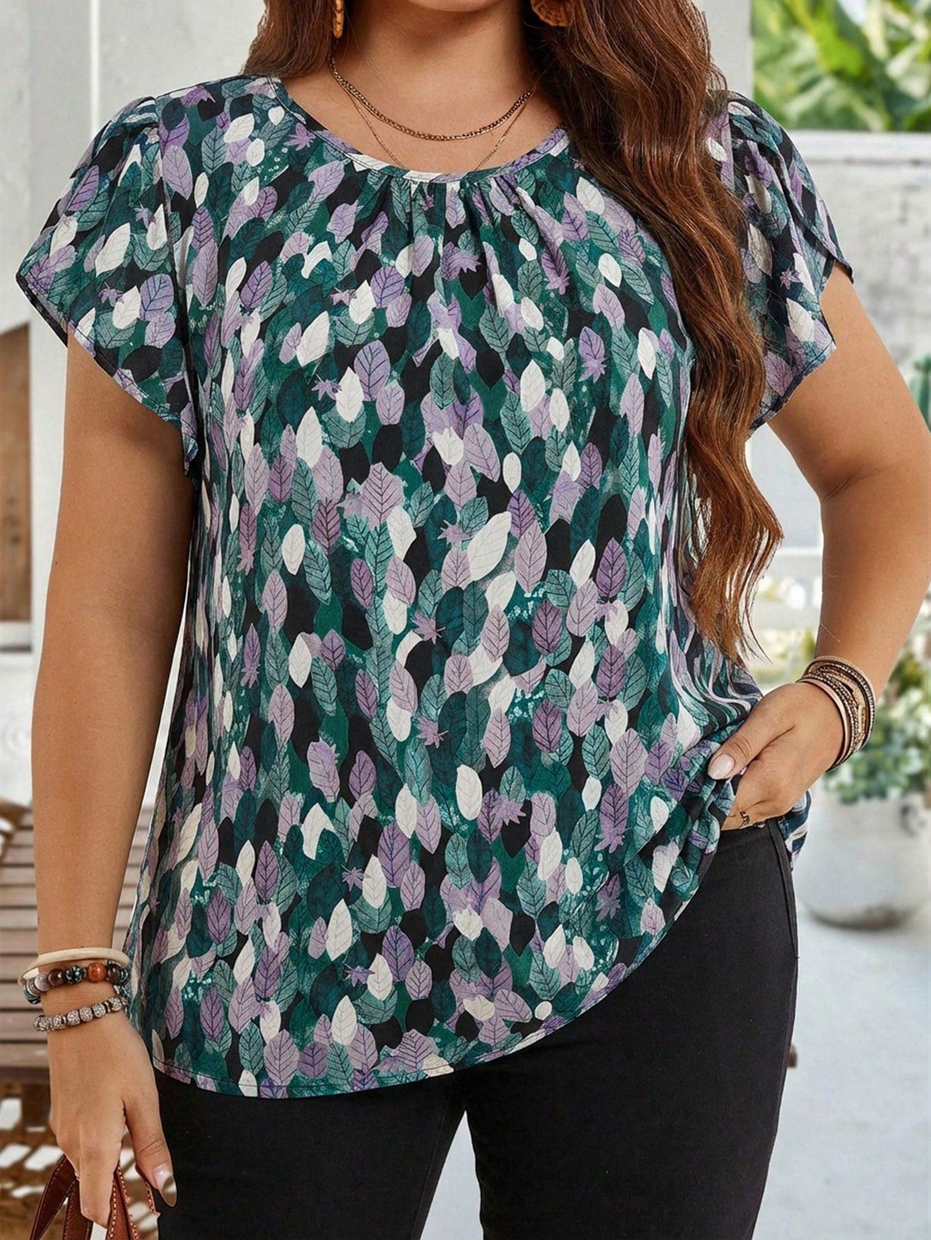 EMERY ROSE Plus Size Women's Early Spring Brown Petal Sleeve Tunic Blouse For Mother's Day Vacation Summer Tops Spring Clothing Beach Gym Outfits Boho