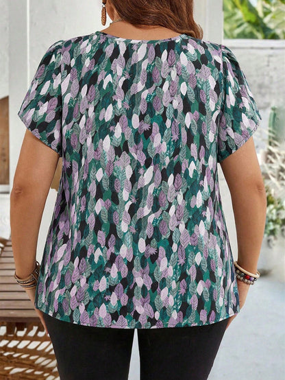 EMERY ROSE Plus Size Women's Early Spring Brown Petal Sleeve Tunic Blouse For Mother's Day Vacation Summer Tops Spring Clothing Beach Gym Outfits Boho
