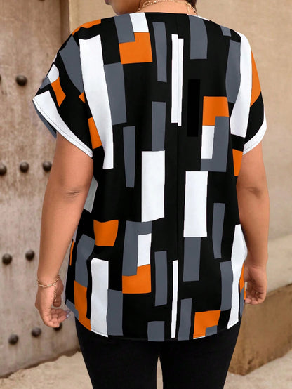 EMERY ROSE Plus Size Women's Geometric Print Short Sleeve Casual Shirt Blouse