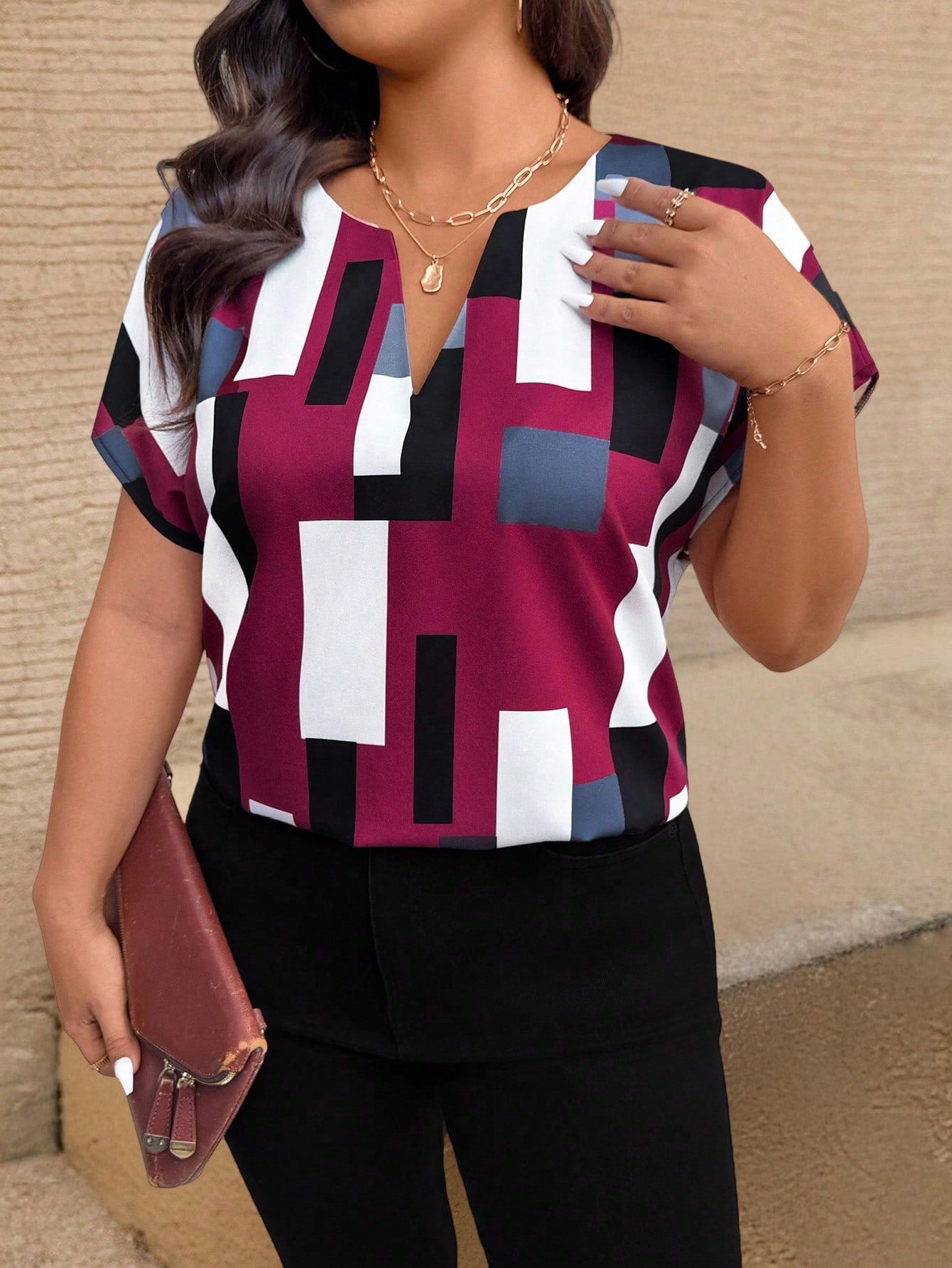 EMERY ROSE Plus Size Women's Geometric Print Short Sleeve Casual Shirt Blouse