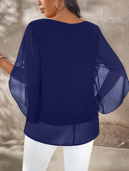 EMERY ROSE Plus Size Women's Plus Size Cap Sleeve Sheer Slim Fit Blouse
