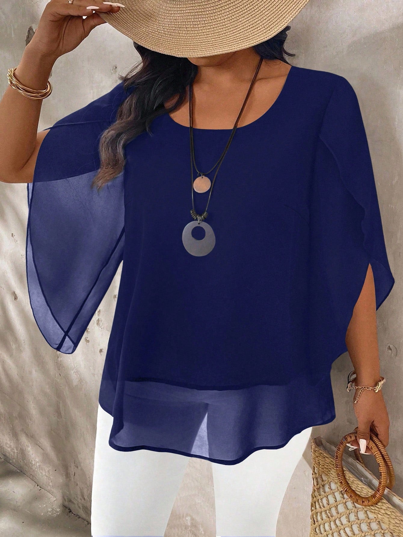 EMERY ROSE Plus Size Women's Plus Size Cap Sleeve Sheer Slim Fit Blouse