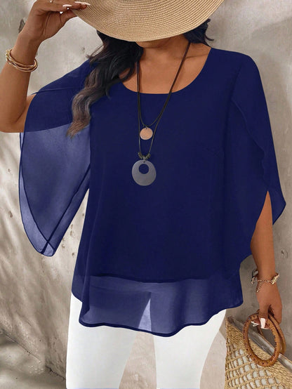 EMERY ROSE Plus Size Women's Plus Size Cap Sleeve Sheer Slim Fit Blouse
